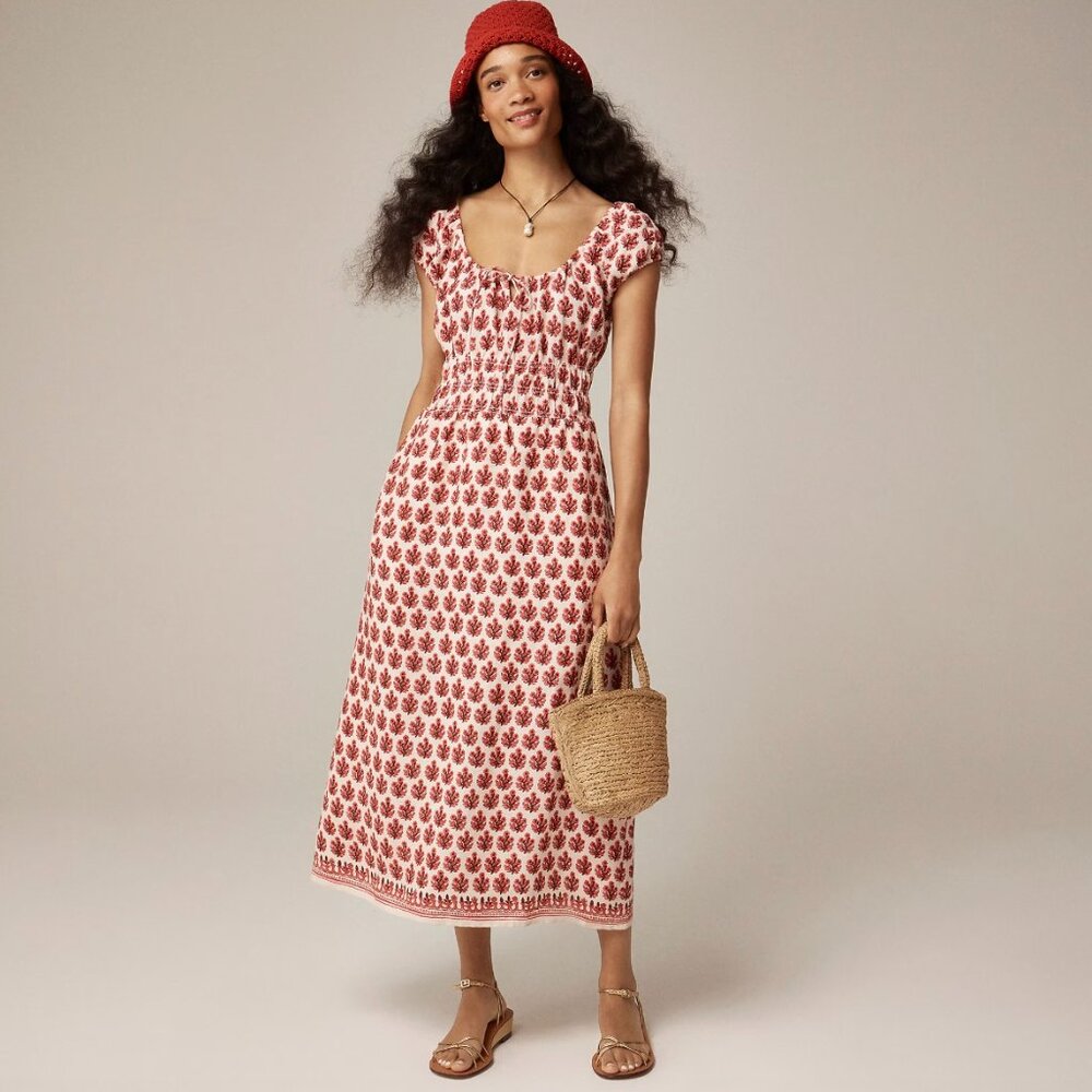 J.Crew Cap-sleeve midi dress in block print linen Size Large Tall